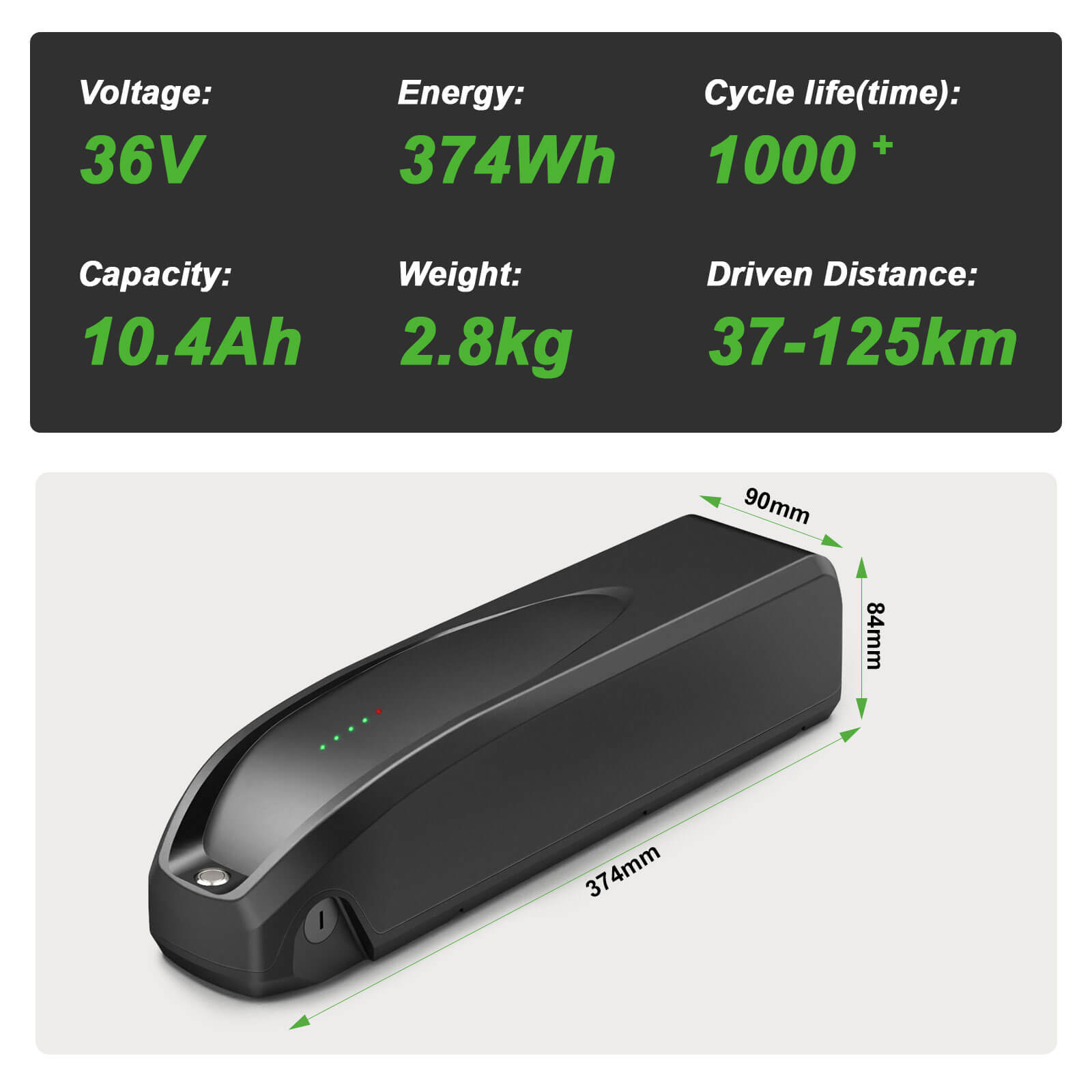 Batteria agli ioni di litio per bici elettrica 36V 10.4Ah(374Wh) ZZ98 per BLAUPUNKT ZZ981004 e Prophete Nr. 326