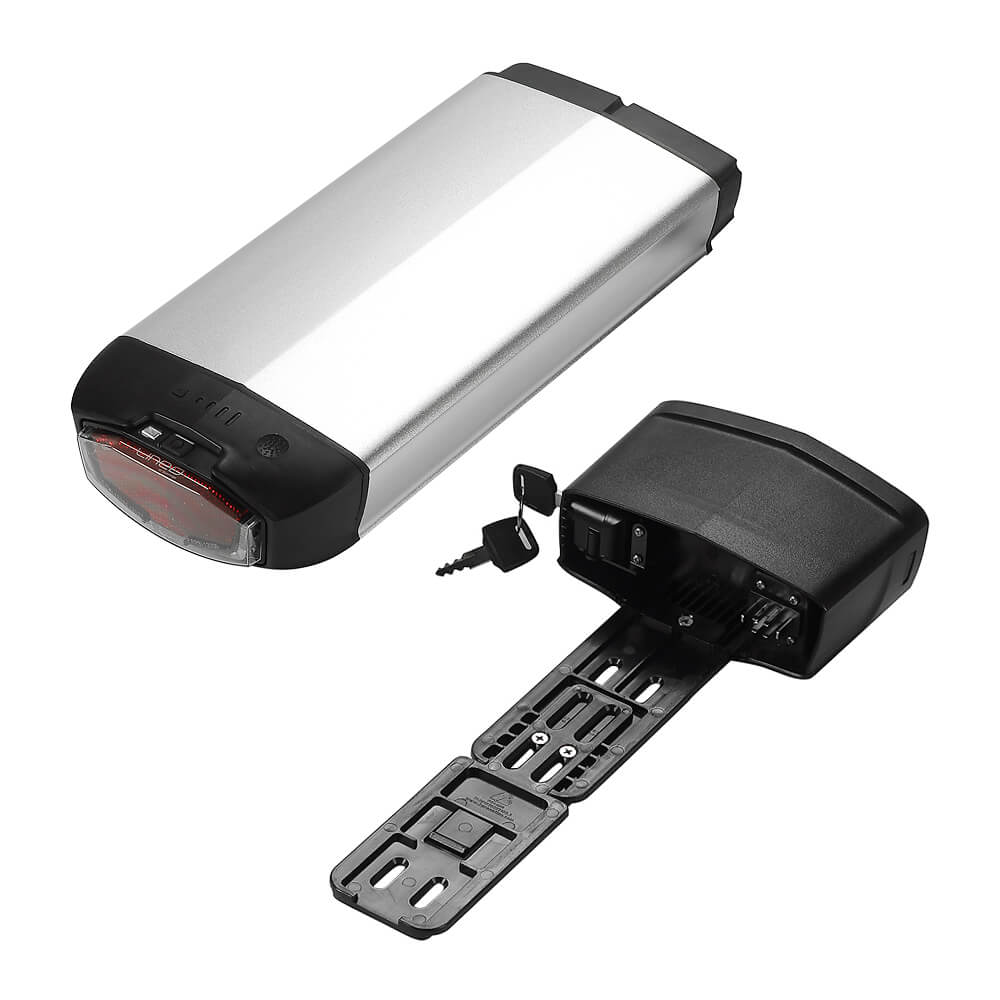 36V 13Ah/14.5Ah/15.6Ah/17.4Ah, 48V 10.4Ah E-Bike Li-ion Accu Achterlicht met/zonder Bagagedrager voor 26"-28" Fiets met V-Brake en Schijfrem