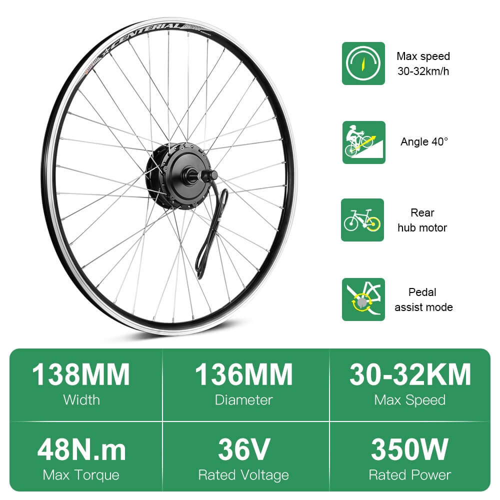 Kit de conversion pour vélo électrique 36V 350W 28"(700C) Moteur à roue libre arrière Kit de moteur de moyeu de vélo