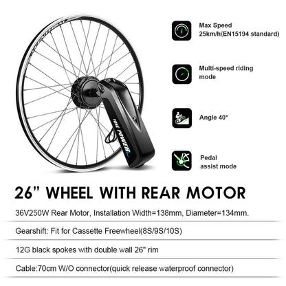 Kit de conversion pour vélo électrique 36V 250W Kit moteur arrière 26" pour cassette avec batterie 36V 13Ah et chargeur