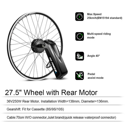Kit di conversione bici elettrica 36V 250W Kit motore posteriore 27,5" per cassetta con batteria 36V 13Ah e caricabatteria