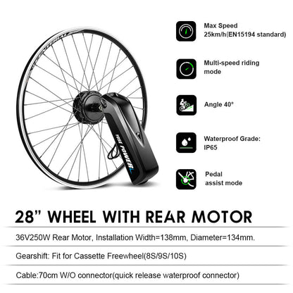 Kit de conversion pour vélo électrique 36V 250W 28"/700 C Kit moteur arrière pour cassette avec batterie 36V 13Ah et chargeur