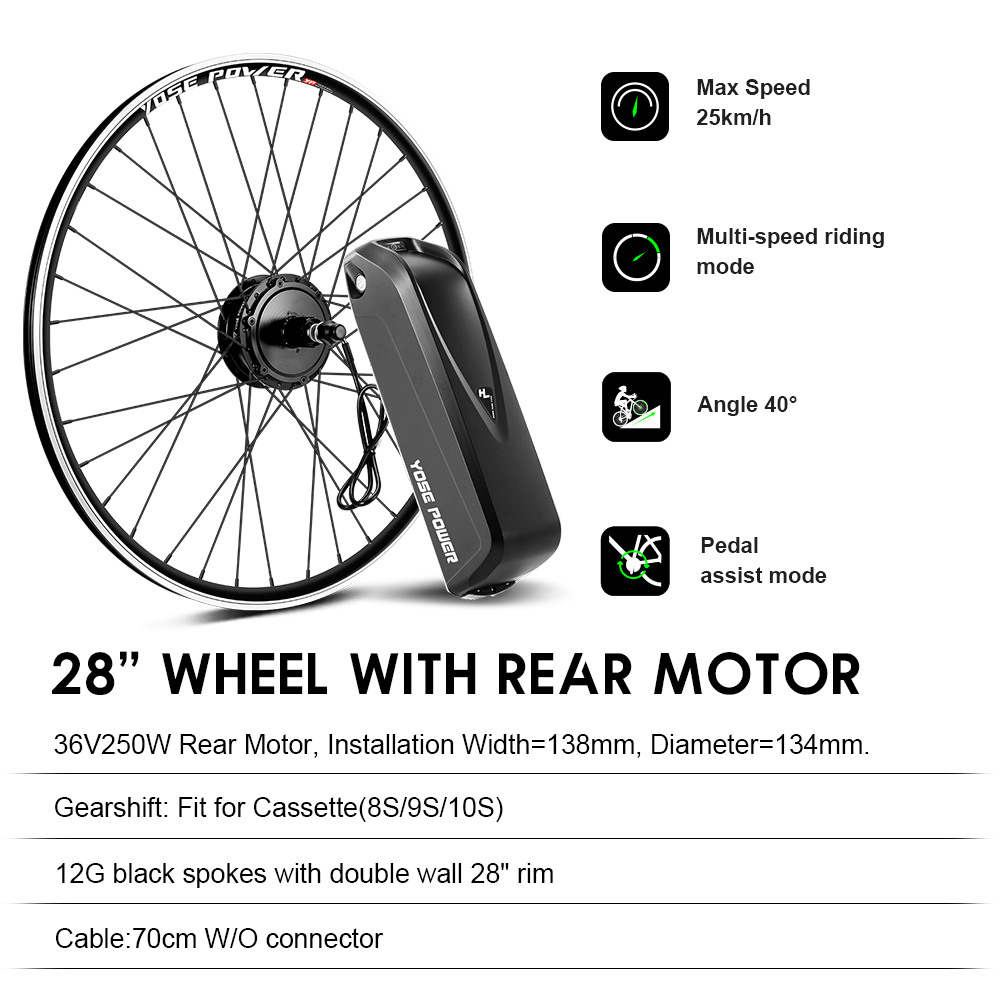 E-Bike Conversion Kit 36V 250W 28" Rear Motor Kit for Cassette with 36V 18Ah Battery and Charger